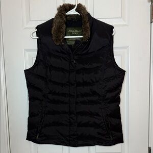 Eddie Bauer Women's Black Down Puffer Vest with Faux Fur Collar